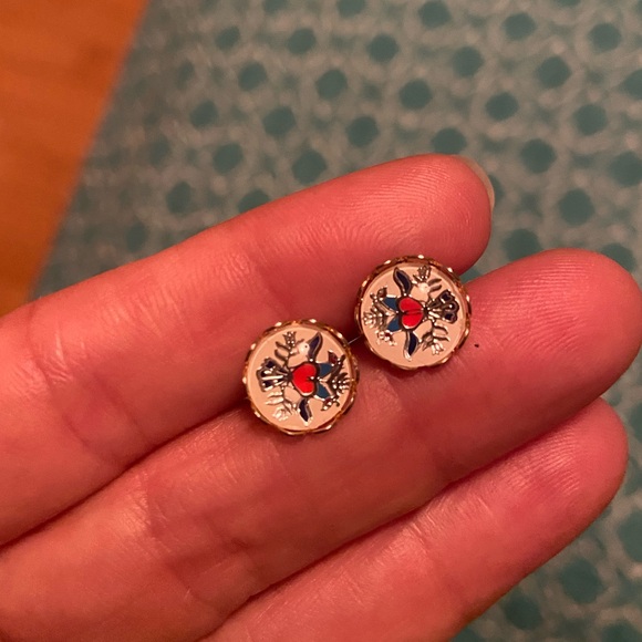 Jewelry - Vintage Gold-Tone Heart & Dove Enamel Earrings – Cloisonné Style